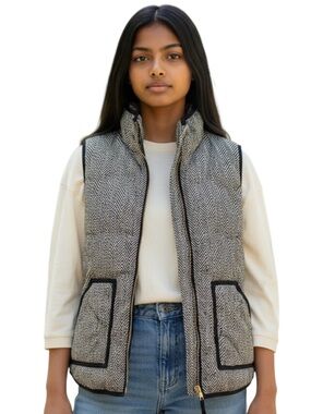 J.Crew Excursion Herringbone Vest Women’s S Black Cream Down Fill Puffer Quilted